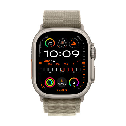Apple Watch Ultra2 Cellular, 49mm Titanium Case w Olive Alpine Loop - Small